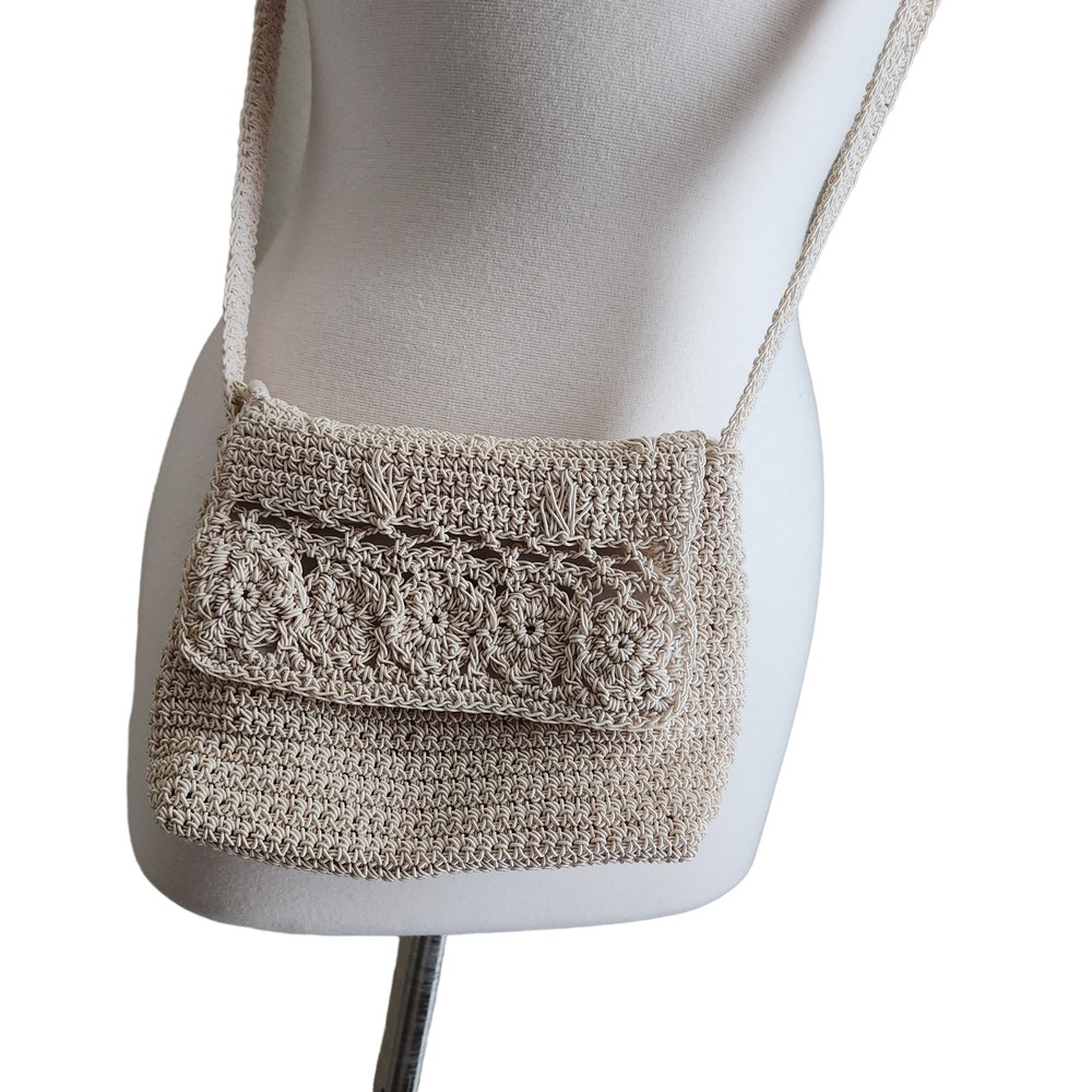 Carlo D'Santi Womens Crochet Handbag Purse Tan Crossbody Boho Summer Cottagecore